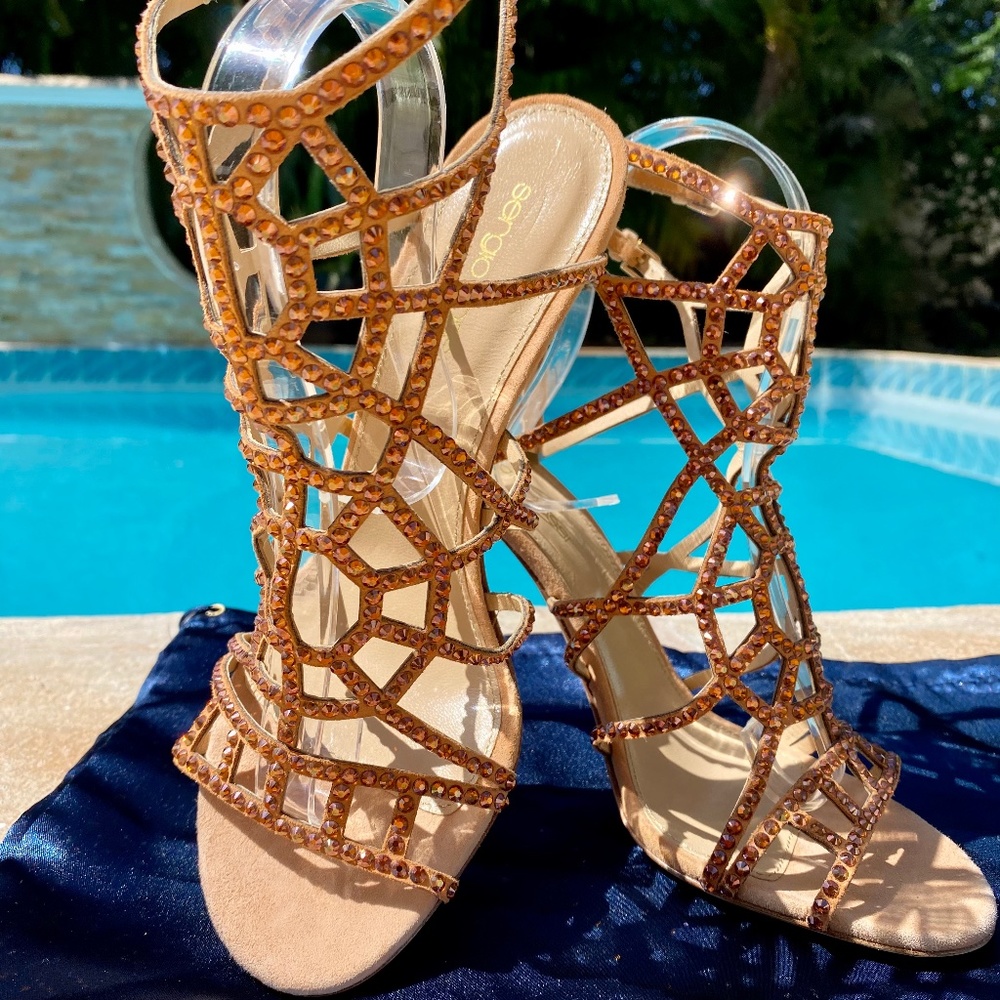 Sergio Rossi Suede Cage Heels w/Swarovski Crystals